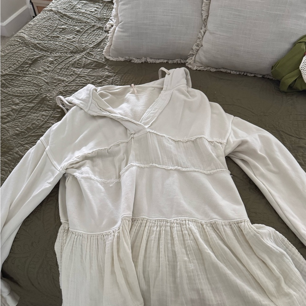 Free People Cream V-Neck Hooded Peplum Sweater